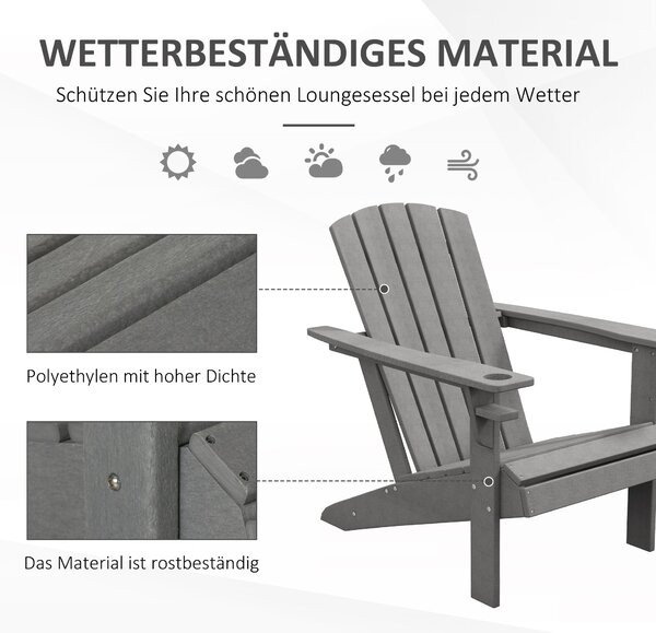 Zahradní křeslo Outsunny s držákem na hrnek, patio křeslo, venkovní křeslo, zahradní nábytek, balkonové křeslo, Adirondack, šedé, HDPE, 75 x 87 x 90 c