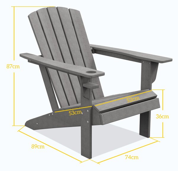 Zahradní křeslo Outsunny s držákem na hrnek, patio křeslo, venkovní křeslo, zahradní nábytek, balkonové křeslo, Adirondack, šedé, HDPE, 75 x 87 x 90 c