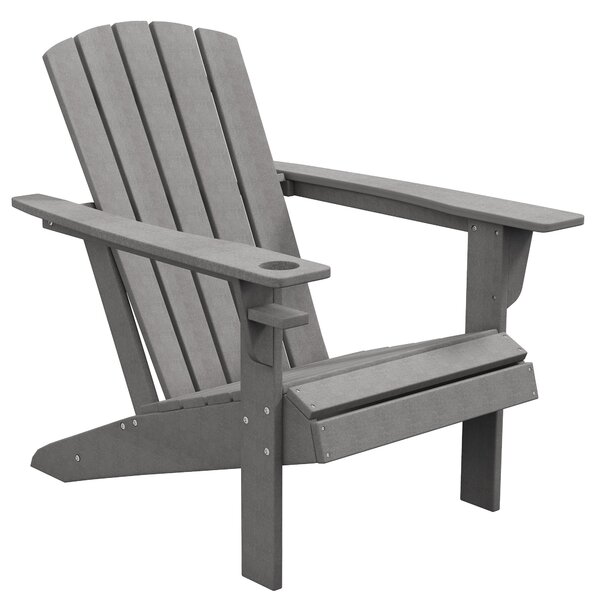 Zahradní křeslo Outsunny s držákem na hrnek, patio křeslo, venkovní křeslo, zahradní nábytek, balkonové křeslo, Adirondack, šedé, HDPE, 75 x 87 x 90 c