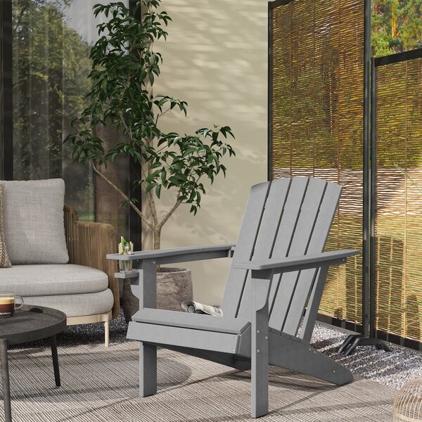 Zahradní křeslo Outsunny s držákem na hrnek, patio křeslo, venkovní křeslo, zahradní nábytek, balkonové křeslo, Adirondack, šedé, HDPE, 75 x 87 x 90 c