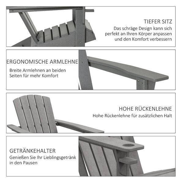 Zahradní křeslo Outsunny s držákem na hrnek, patio křeslo, venkovní křeslo, zahradní nábytek, balkonové křeslo, Adirondack, šedé, HDPE, 75 x 87 x 90 c