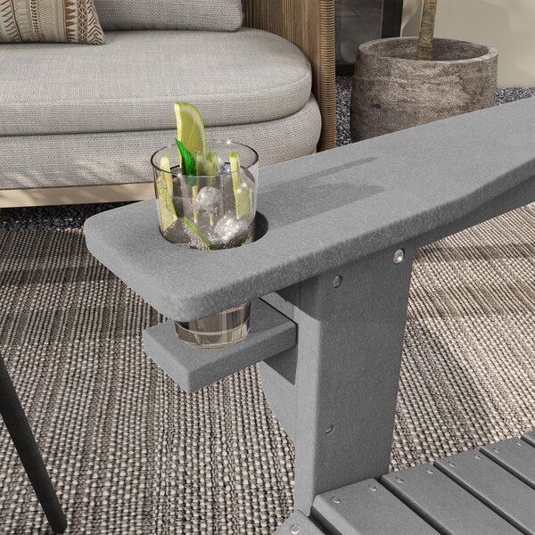 Zahradní křeslo Outsunny s držákem na hrnek, patio křeslo, venkovní křeslo, zahradní nábytek, balkonové křeslo, Adirondack, šedé, HDPE, 75 x 87 x 90 c