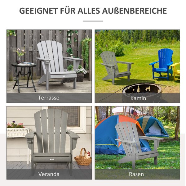 Zahradní křeslo Outsunny s držákem na hrnek, patio křeslo, venkovní křeslo, zahradní nábytek, balkonové křeslo, Adirondack, šedé, HDPE, 75 x 87 x 90 c