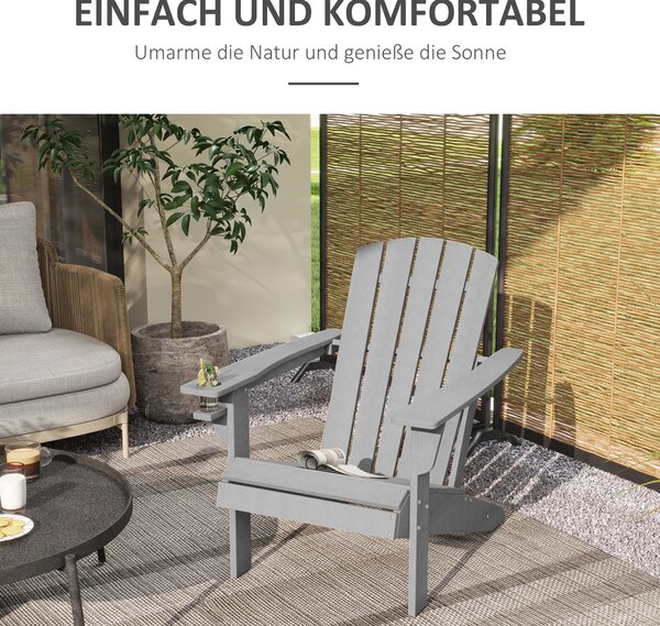 Zahradní křeslo Outsunny s držákem na hrnek, patio křeslo, venkovní křeslo, zahradní nábytek, balkonové křeslo, Adirondack, šedé, HDPE, 75 x 87 x 90 c