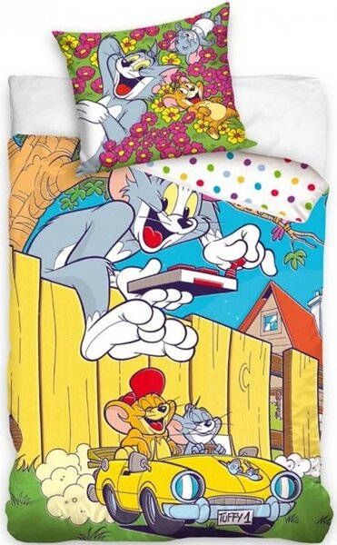 Bavlněné ložní povlečení Tom a Jerry ve žlutém kabrioletu - 100% bavlna Renforcé - 70 x 90 cm + 140 x 200 cm