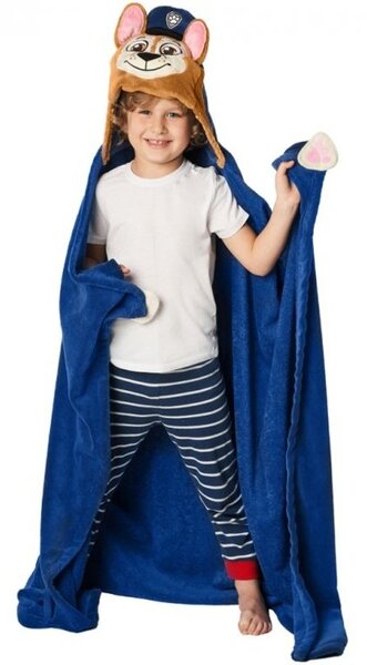 Dětská / chlapecká deka s kapucí Tlapková patrola - Paw Patrol - motiv Chase - Coral fleece 230 g/m² - modrá - 110 x 140 cm