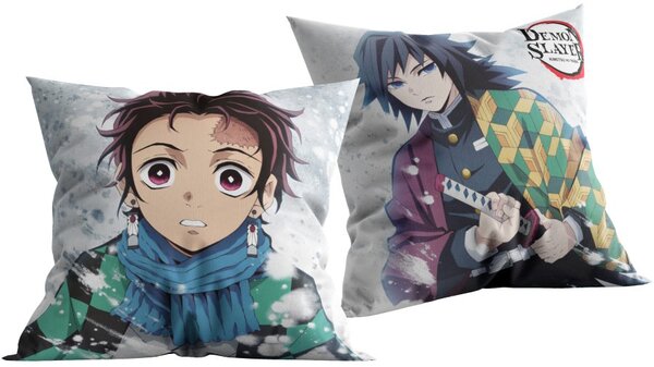 Oboustranný polštář Demon Slayer: Kimetsu no Yaiba - Zabiják démonů - motiv Tandžiró a Tomioka - 40 x 40 cm