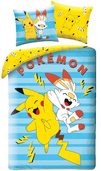 Oboustranné ložní povlečení Pokémoni Pikachu a Scorbunny - 100% bavlna - 70 x 90 cm + 140 x 200 cm
