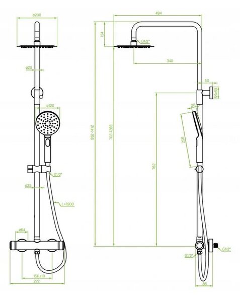 Laveo Volumo, sprchový set s termostatickou baterií 150mm, černá matná, LAV-PLV_70OB