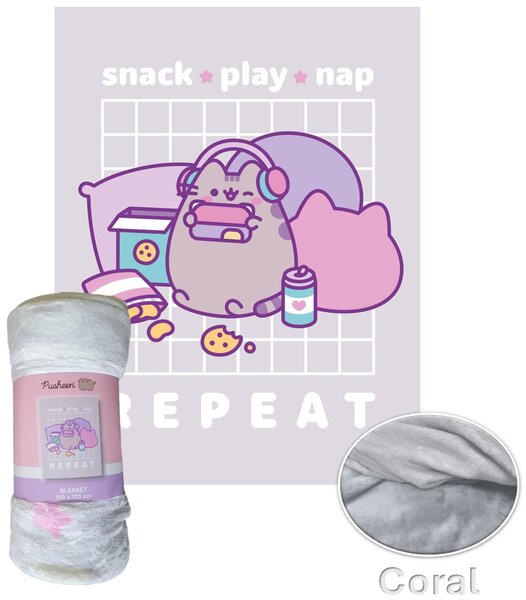Coral fleece deka kočička Pusheen – motiv Snack ★ Play ★ Nap & Repeat - 130x170 cm
