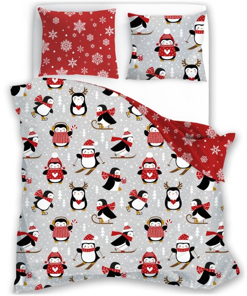 Vánoční bavlněné ložní povlečení - motiv Tučňáci a sněhové vločky - 100% bavlna - 70 x 90 cm + 140 x 200 cm