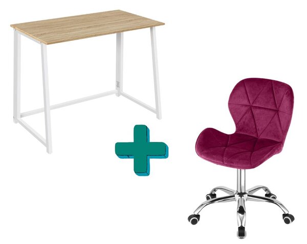 Set do pracovny ZARIMO stůl 80x40 cm bílý + křeslo AVOLA VELVET vínové