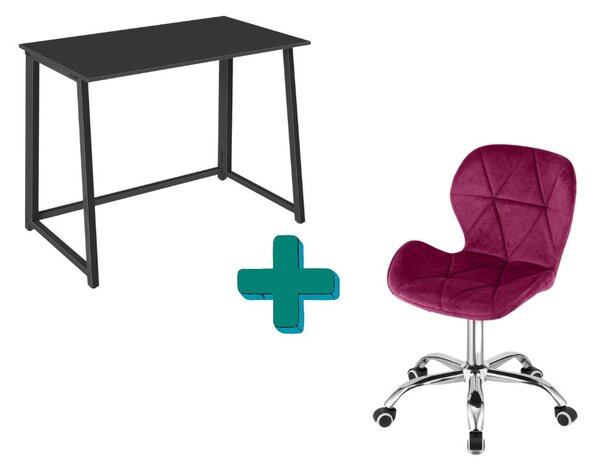 Set do pracovny ZARIMO stůl 80x40 cm černý + křeslo AVOLA VELVET vínové