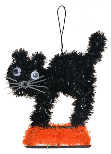 Halloweenská dekorace černá kočka na oranžové trávě – 13x5x14 cm