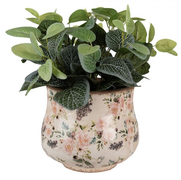 Béžový keramický obal na květináč s odřením a růžovými růžemi Ineke – 22x18 cm