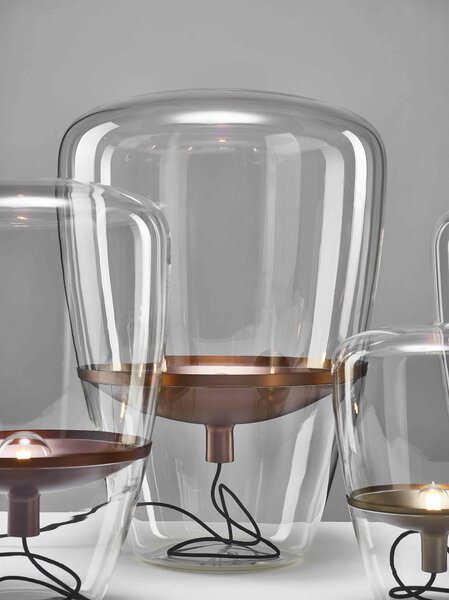 Brokis Designová stolní lampa Balloons small, PC856 Barva skla: Hnědá kouřová - transparentní sklo, Barva el. vedení: Textilní kabel - světle šedý, Reflektor: citrónově žlutá