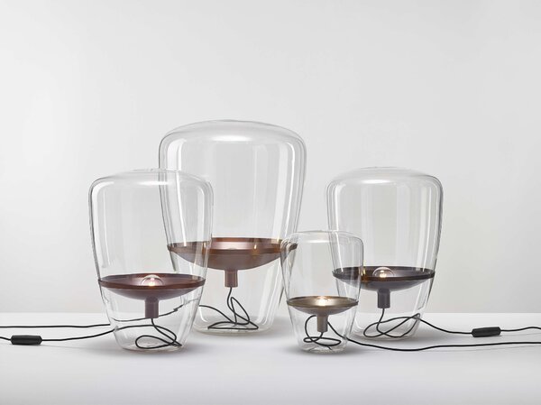 Brokis Designová stolní lampa Balloons small, PC856 Barva skla: Hnědá kouřová - transparentní sklo, Barva el. vedení: Textilní kabel - světle šedý, Reflektor: citrónově žlutá