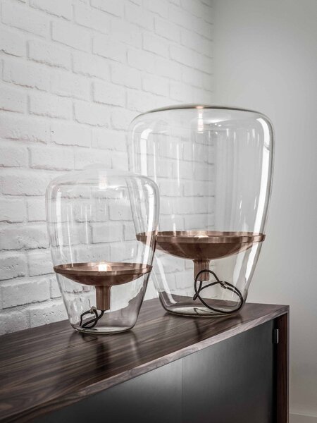 Brokis Designová stolní lampa Balloons small, PC856 Barva skla: Hnědá kouřová - transparentní sklo, Barva el. vedení: Textilní kabel - světle šedý, Reflektor: citrónově žlutá