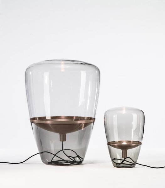 Brokis Designová stolní lampa Balloons small, PC856 Barva skla: Hnědá kouřová - transparentní sklo, Barva el. vedení: Textilní kabel - světle šedý, Reflektor: citrónově žlutá