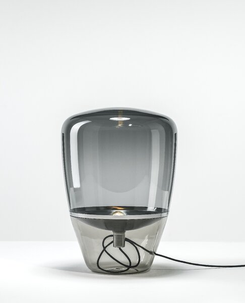 Brokis Designová stolní lampa Balloons small, PC856 Barva skla: Hnědá kouřová - transparentní sklo, Barva el. vedení: Textilní kabel - světle šedý, Reflektor: citrónově žlutá