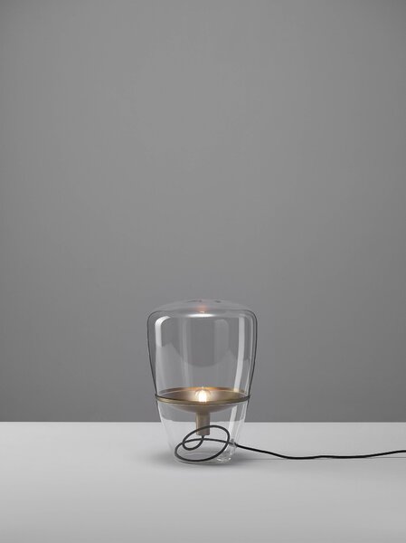 Brokis Designová stolní lampa Balloons small, PC856 Barva skla: Hnědá kouřová - transparentní sklo, Barva el. vedení: Textilní kabel - světle šedý, Reflektor: citrónově žlutá