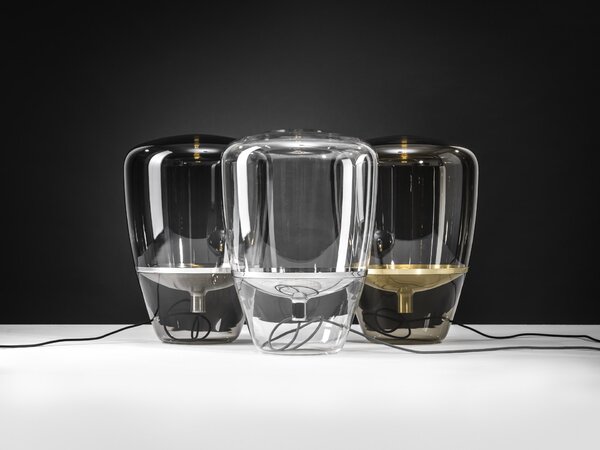 Brokis Designová stolní lampa Balloons small, PC856 Barva skla: Hnědá kouřová - transparentní sklo, Barva el. vedení: Textilní kabel - světle šedý, Reflektor: citrónově žlutá