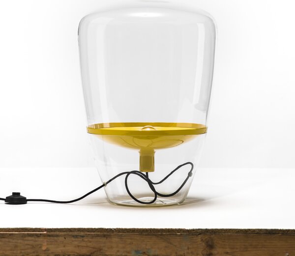 Brokis Designová stolní lampa Balloons small, PC856 Barva skla: Hnědá kouřová - transparentní sklo, Barva el. vedení: Textilní kabel - světle šedý, Reflektor: citrónově žlutá