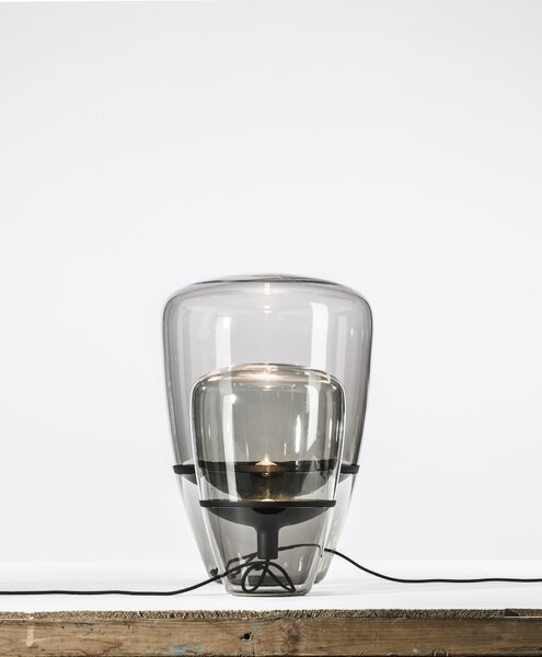 Brokis Designová stolní lampa Balloons small, PC856 Barva skla: Hnědá kouřová - transparentní sklo, Barva el. vedení: Textilní kabel - světle šedý, Reflektor: citrónově žlutá