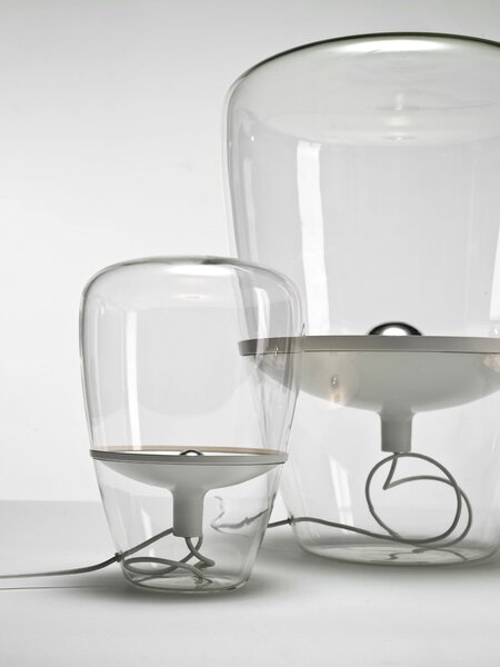 Brokis Designová stolní lampa Balloons small, PC856 Barva skla: Hnědá kouřová - transparentní sklo, Barva el. vedení: Textilní kabel - světle šedý, Reflektor: citrónově žlutá
