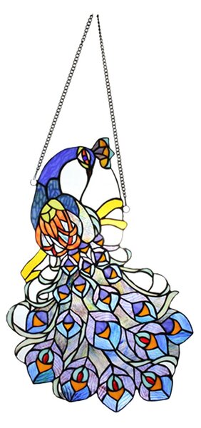 Závěsný Tiffany panel páv Peacock Blue - 35*70 cm - Clayre & Eef