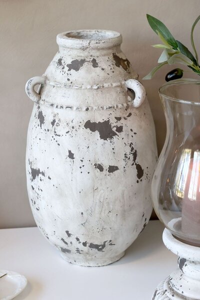 Bílo-šedá antik terakotová váza s oušky Frejus - Ø 21*36 cm - Chic Antique