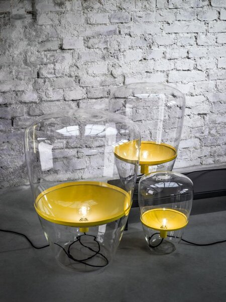Brokis Designová stolní lampa Balloons large, PC858 Barva skla: Hnědá kouřová - transparentní sklo, Barva el. vedení: Textilní kabel - světle šedý, Reflektor: citrónově žlutá