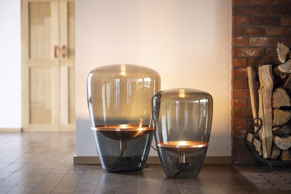 Brokis Designová stolní lampa Balloons large, PC858 Barva skla: Hnědá kouřová - transparentní sklo, Barva el. vedení: Textilní kabel - světle šedý, Reflektor: citrónově žlutá