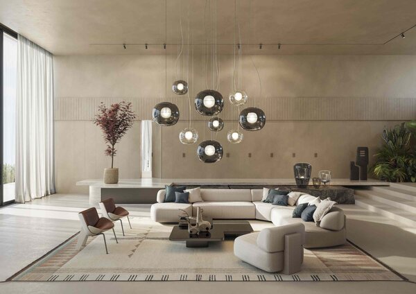 Brokis Designová stolní lampa Balloons large, PC858 Barva skla: Hnědá kouřová - transparentní sklo, Barva el. vedení: Textilní kabel - světle šedý, Reflektor: citrónově žlutá