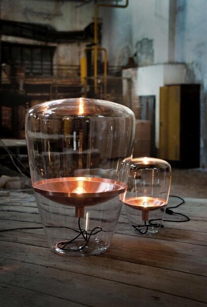 Brokis Designová stolní lampa Balloons large, PC858 Barva skla: Hnědá kouřová - transparentní sklo, Barva el. vedení: Textilní kabel - světle šedý, Reflektor: citrónově žlutá