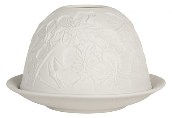 Bílý porcelánový svícen na čajovou svíčku s velkými květy – 12x8 cm
