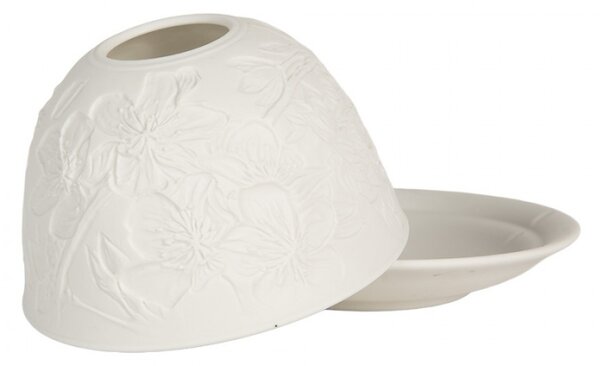 Bílý porcelánový svícen na čajovou svíčku s velkými květy – 12x8 cm