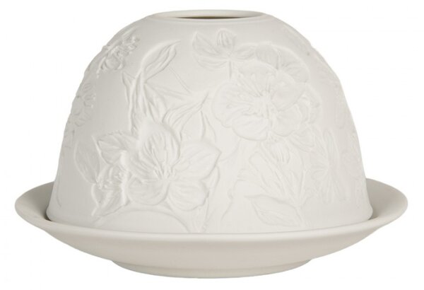 Bílý porcelánový svícen na čajovou svíčku s velkými květy – 12x8 cm