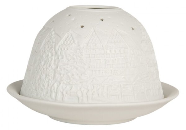 Bílý porcelánový svícen na čajovou svíčku vánoční ulice s kometou – 12x8 cm