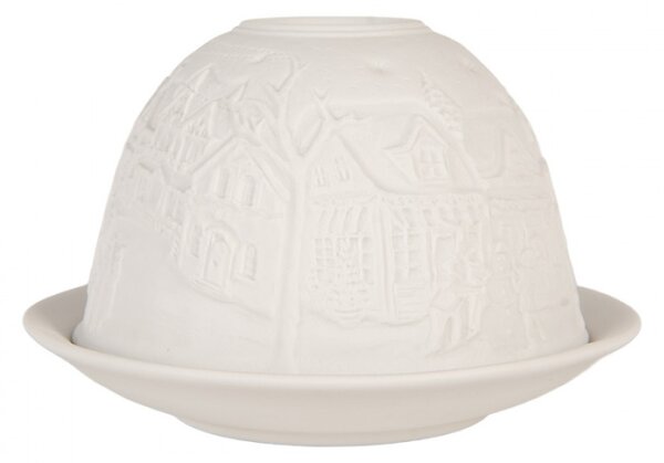 Bílý porcelánový svícen na čajovou svíčku s vánočním tradičním městečkem – 12x8 cm