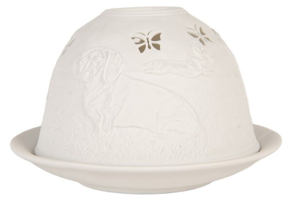 Bílý porcelánový svícen na čajovou svíčku s loveckými psy v trávě – 12x8 cm