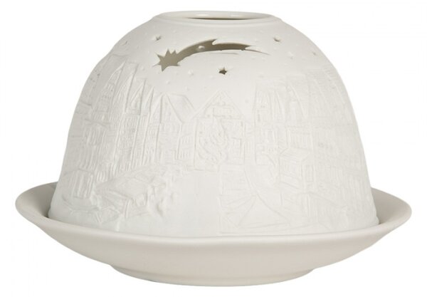Bílý porcelánový svícen na čajovou svíčku vánoční ulice s kometou – 12x8 cm