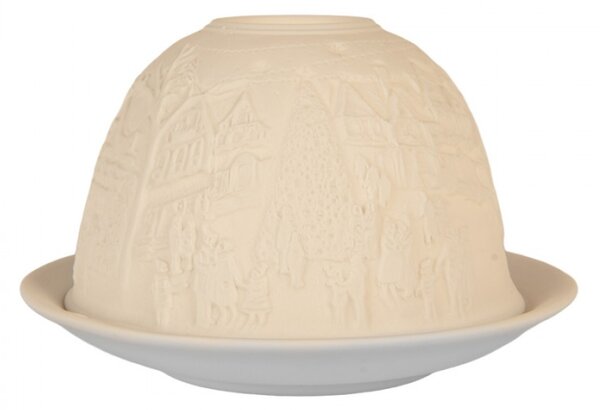 Bílý porcelánový svícen na čajovou svíčku s vánočním tradičním městečkem – 12x8 cm