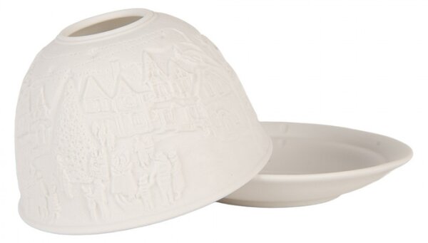 Bílý porcelánový svícen na čajovou svíčku s vánočním tradičním městečkem – 12x8 cm