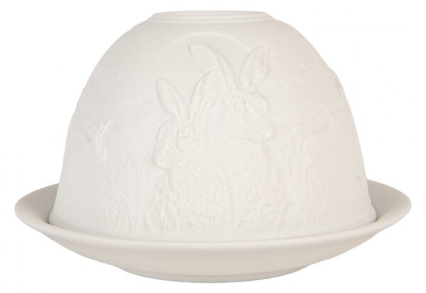 Bílý porcelánový svícen na čajovou svíčku se zajíčky – 12x8 cm