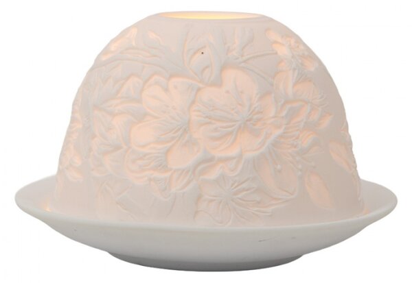 Bílý porcelánový svícen na čajovou svíčku s velkými květy – 12x8 cm