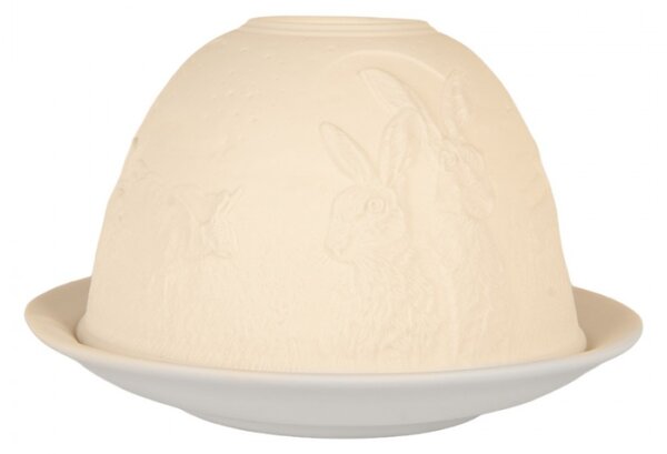 Bílý porcelánový svícen na čajovou svíčku se zajíčky – 12x8 cm
