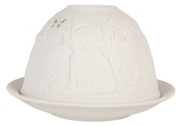 Bílý porcelánový svícen na čajovou svíčku s loveckými psy v trávě – 12x8 cm