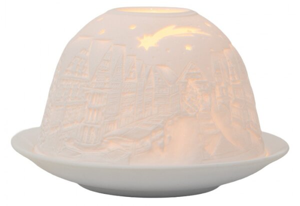 Bílý porcelánový svícen na čajovou svíčku vánoční ulice s kometou – 12x8 cm