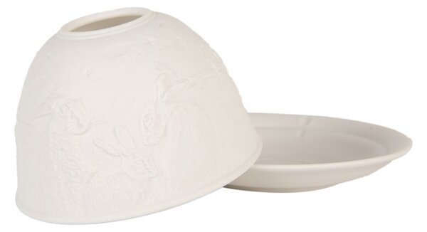 Bílý porcelánový svícen na čajovou svíčku se zajíčky – 12x8 cm